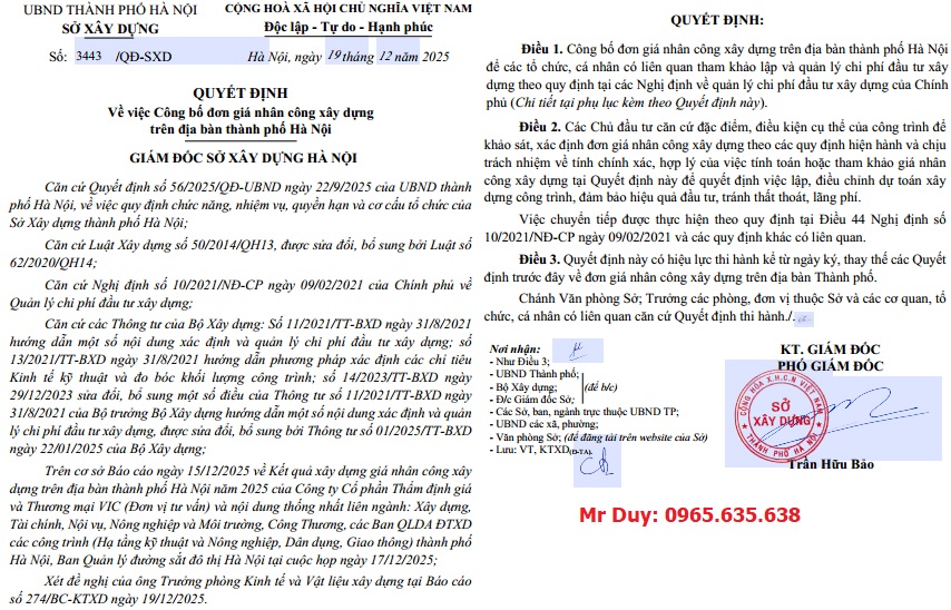 Đơn giá nhân công Hà Nội năm 2026 Quyết định 3443/QĐ-SXD