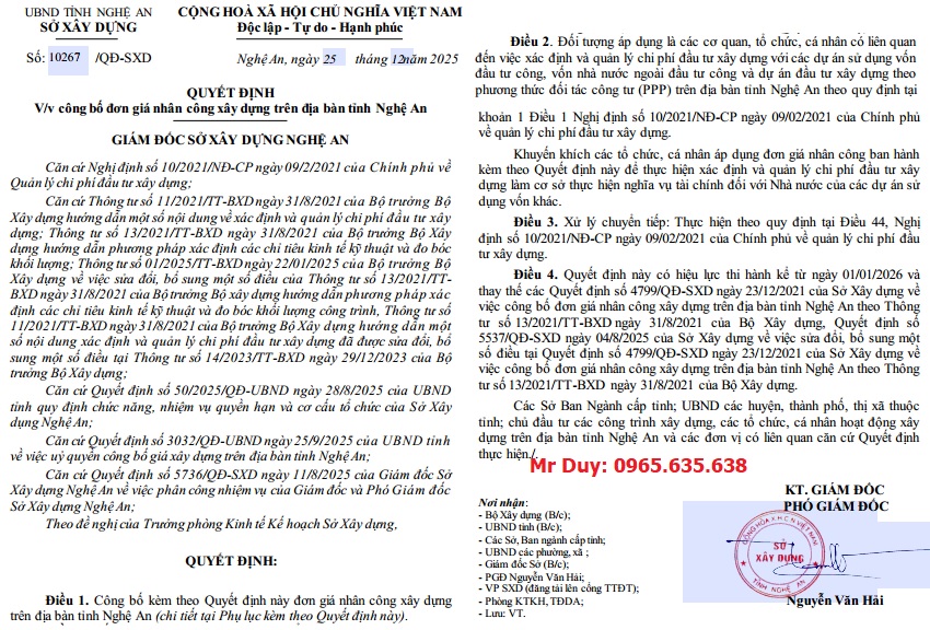 Quyết định 10267/QĐ-SXD Đơn giá nhân công tỉnh Nghệ An năm 2026