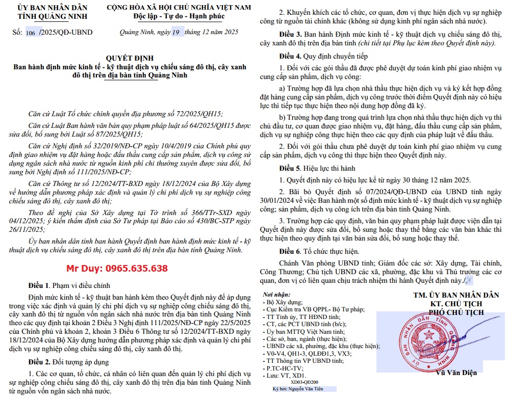 Quyết định 106/QĐ-UBND Đơn giá cây xanh chiếu sáng tỉnh Quảng Ninh