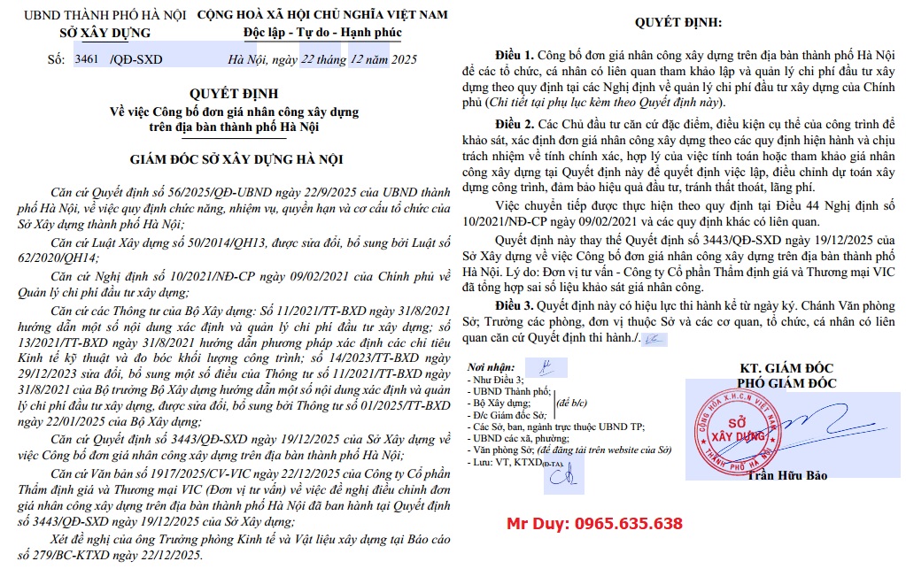Quyết định 3461/QĐ-SXD Đơn giá nhân công Hà Nội năm 2026