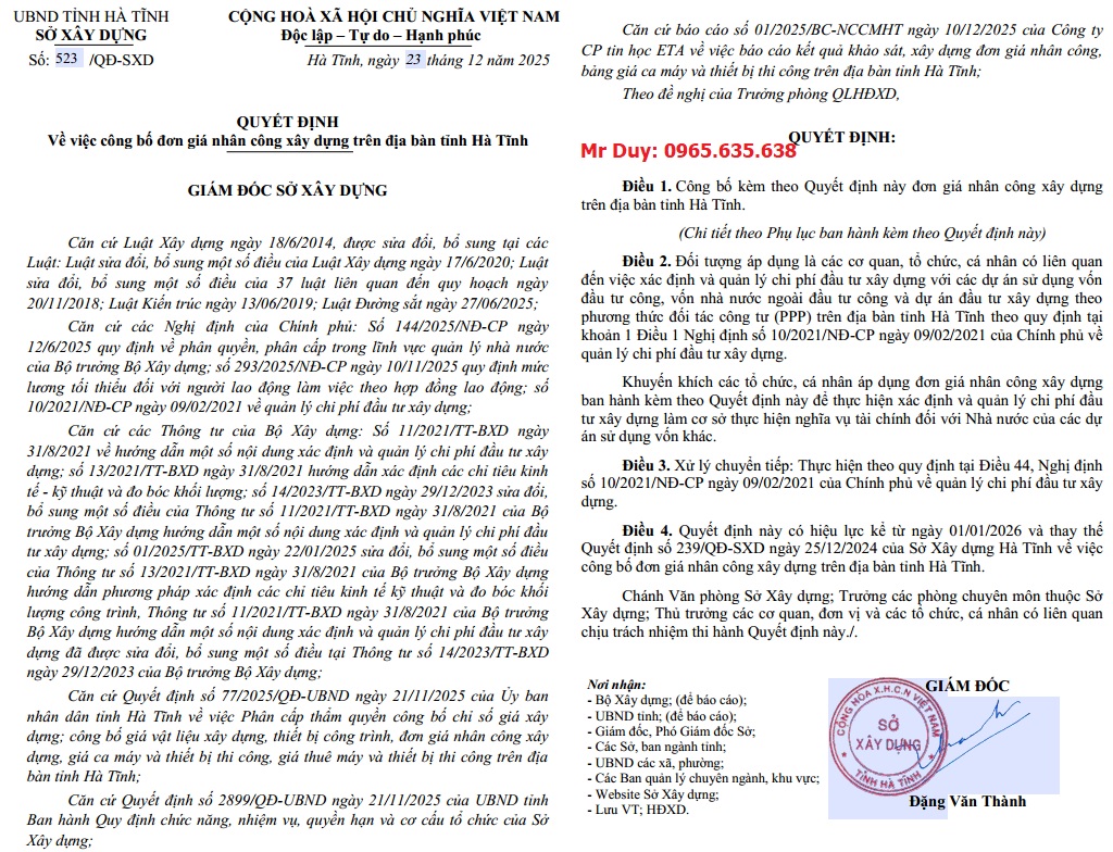 Quyết định 523/QĐ-SXD Đơn giá nhân công tỉnh Hà Tĩnh năm 2026