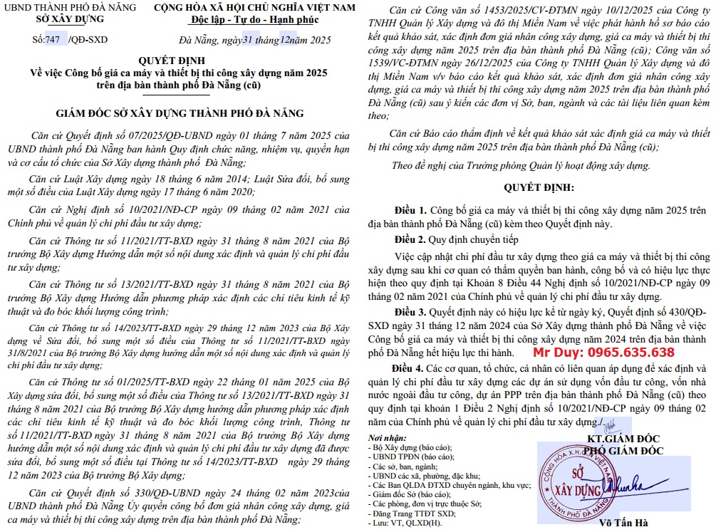 Bảng giá ca máy Đà Nẵng năm 2026 Quyết định 747/QĐ-SXD