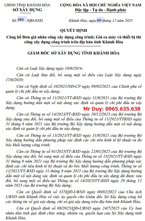 Bảng giá ca máy thiết bị Khánh Hòa năm 2026 Quyết định 486/QĐ-SXD