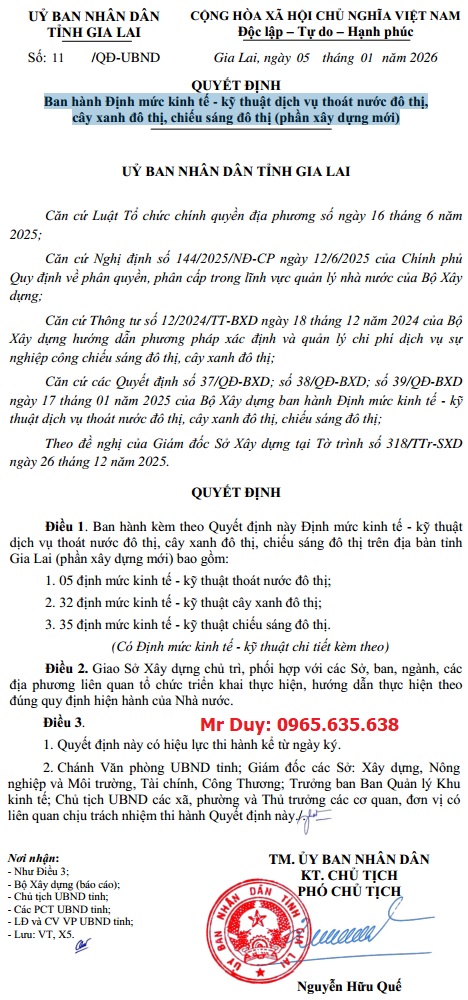 Định mức cây xanh chiếu sáng Gia Lai năm 2026
