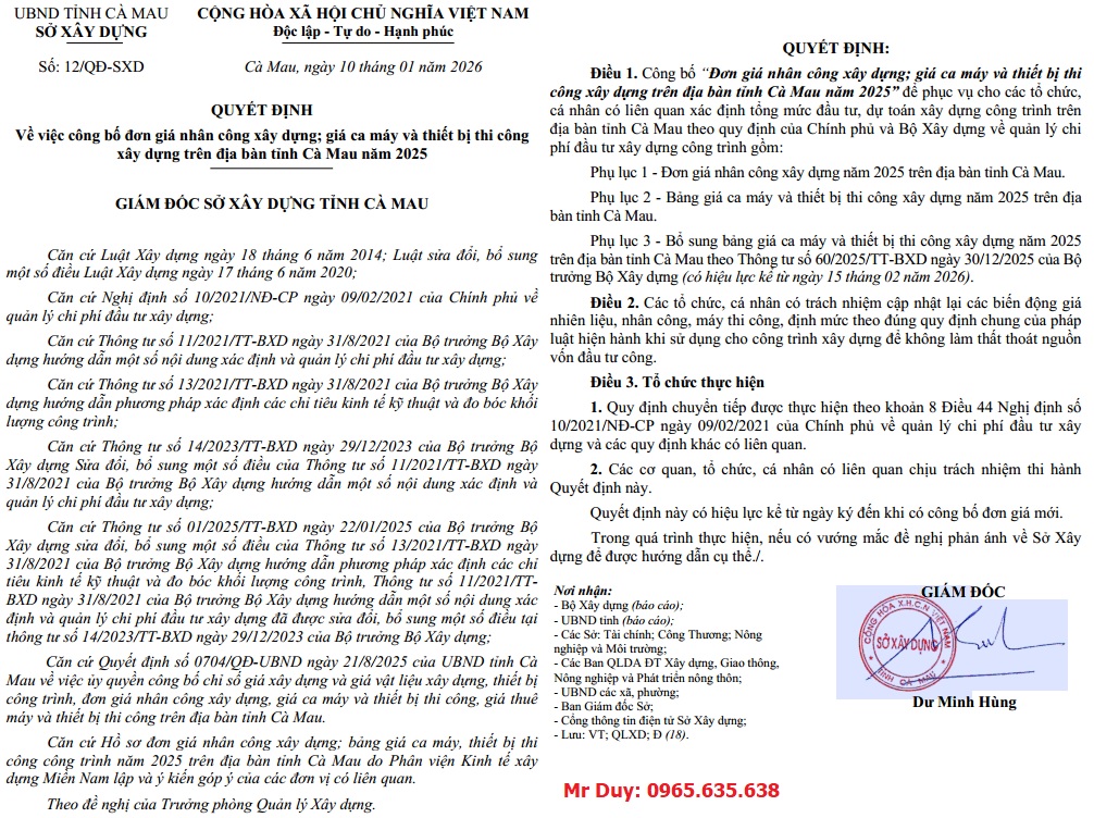 Đơn giá nhân công ca máy Cà Mau năm 2026 Quyết định 12/QĐ-SXD