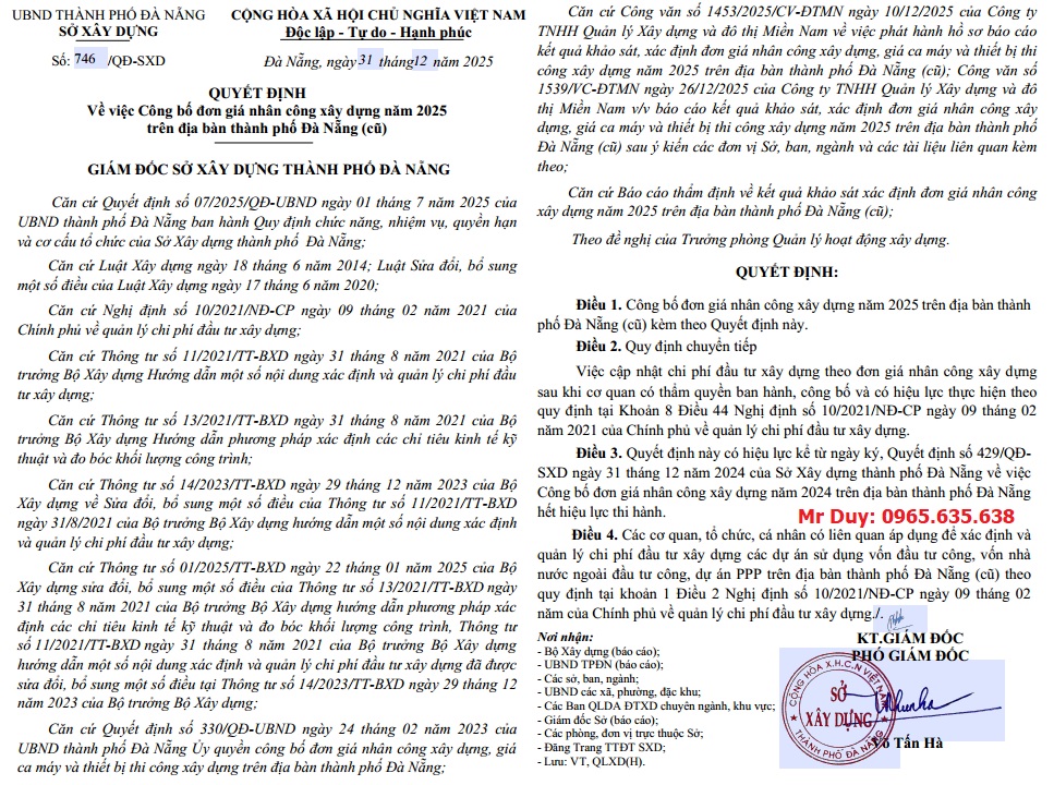 Đơn giá nhân công Đà Nẵng năm 2026 Quyết định 746/QĐ-SXD