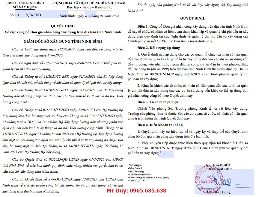 Đơn giá nhân công tỉnh Ninh Bình năm 2026 Quyết định 03/QĐ-SXD