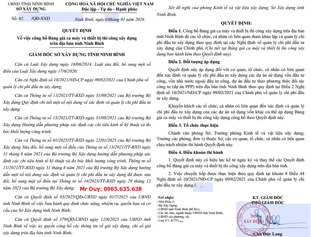 Bảng giá ca máy tỉnh Ninh Bình năm 2026 Quyết định 02/QĐ-SXD