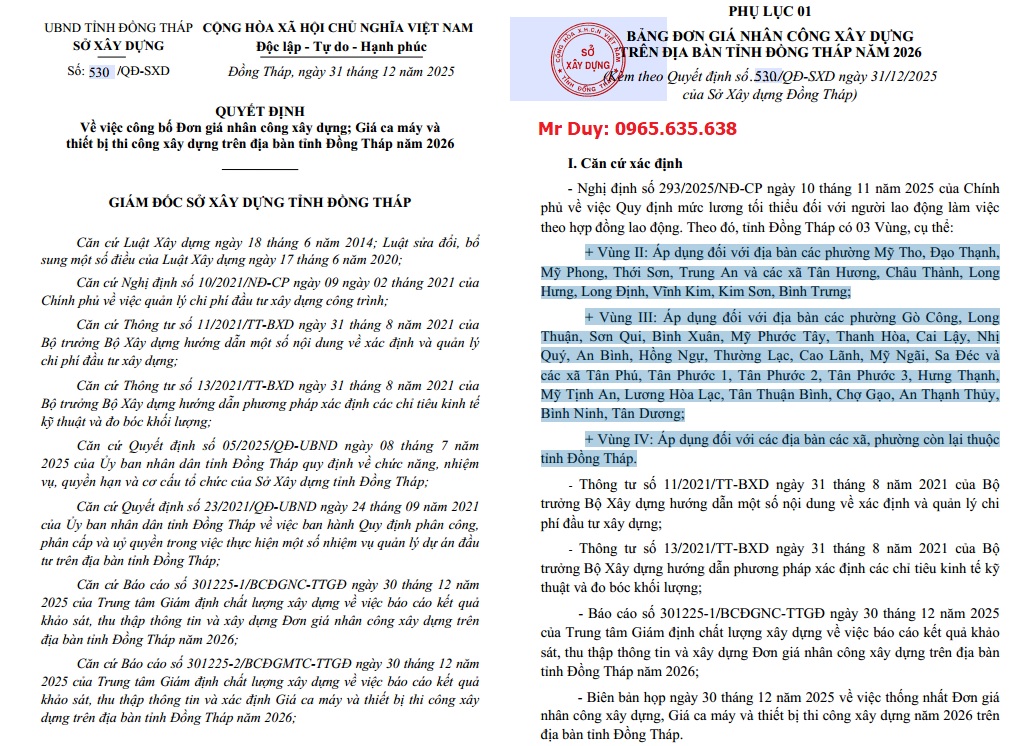Quyết định 530/QĐ-SXD Đơn giá nhân công Đồng Tháp năm 2026
