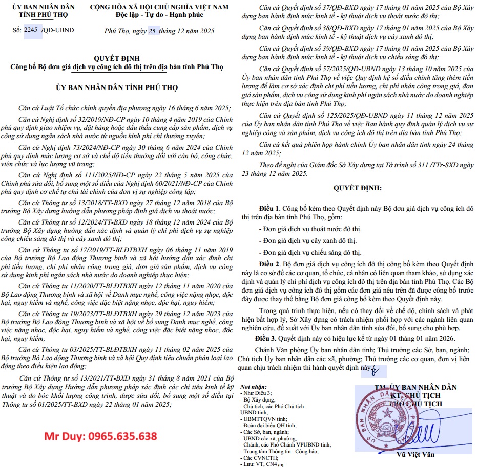 Đơn giá cây xanh chiếu sáng Phú Thọ Quyết định 2245/QĐ-UBND