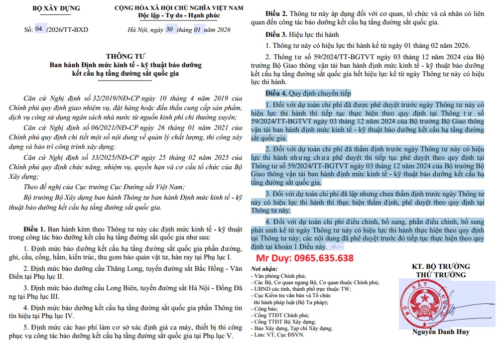 Thông tư 04/2026/TT-BXD Định mức bảo dưỡng đường sắt quốc gia
