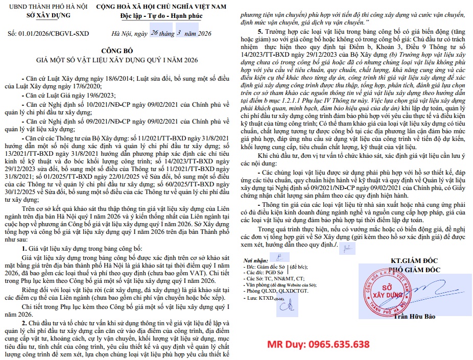 giá vật liệu xây dựng Hà Nội quý 1 năm 2026