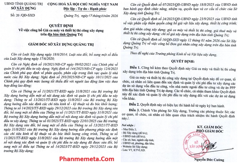 Quyết định 20/QĐ-SXD Bảng giá ca máy Quảng Trị năm 2026