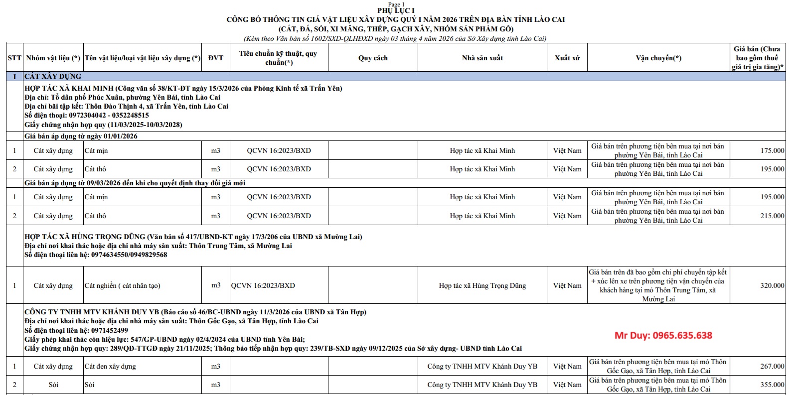 công bố giá vlxd lào cai quý 1 năm 2026