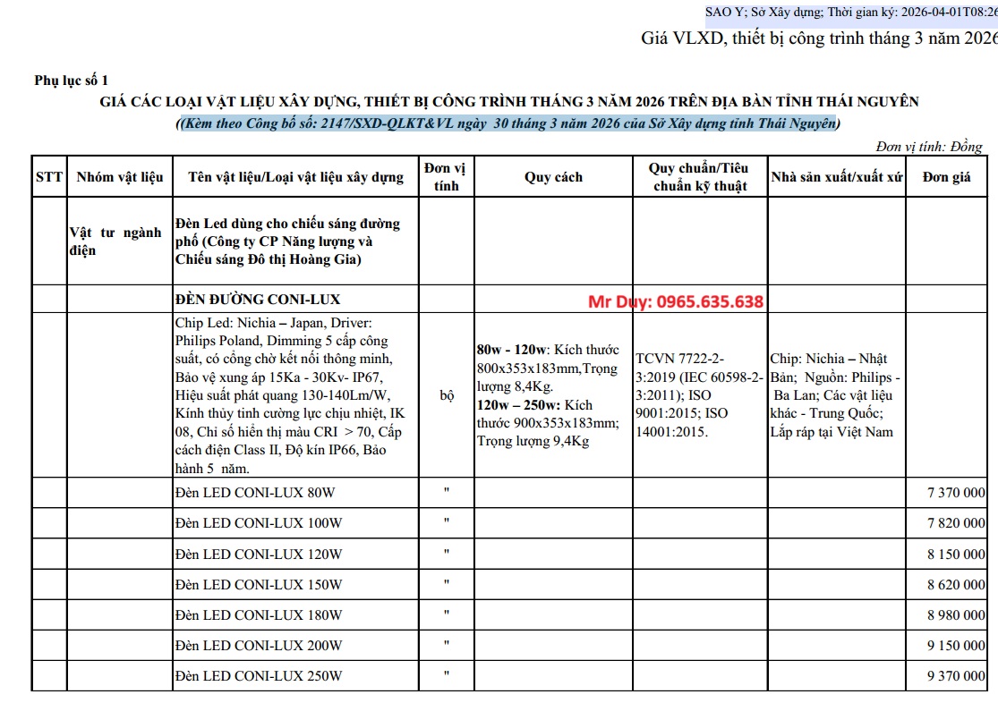 Công bố giá VLXD Thái Nguyên tháng 3 năm 2026