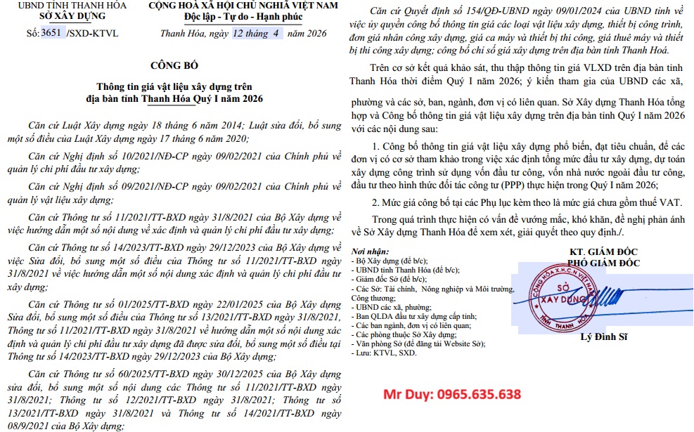 giá vật liệu xây dựng thanh hóa quý 1 năm 2026