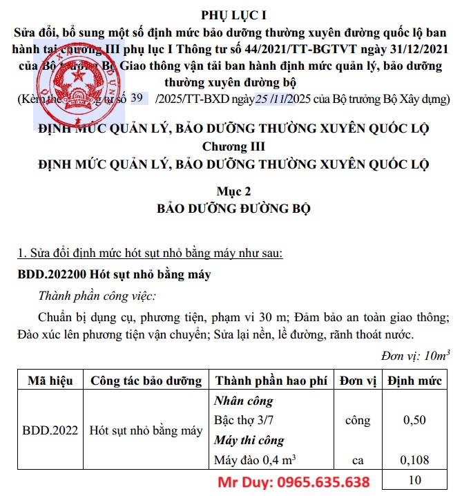 Thông tư 39/2025/TT-BXD định mức quản lý bảo dưỡng đường bộ