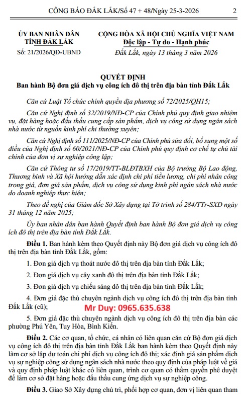 Đơn giá công ích tỉnh Đắk Lắk năm 2026 Quyết định 21/QĐ-UBND