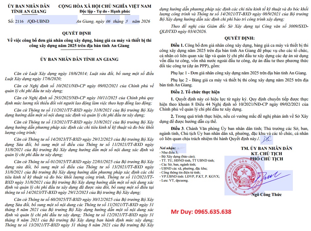 Đơn giá nhân công tỉnh An Giang năm 2026 Quyết định 2116/QĐ-UBND
