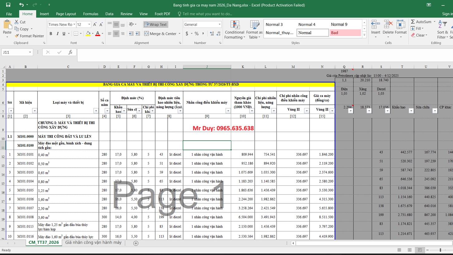 File Excel Bảng giá ca máy Thông tư 37/2026/TT-BXD