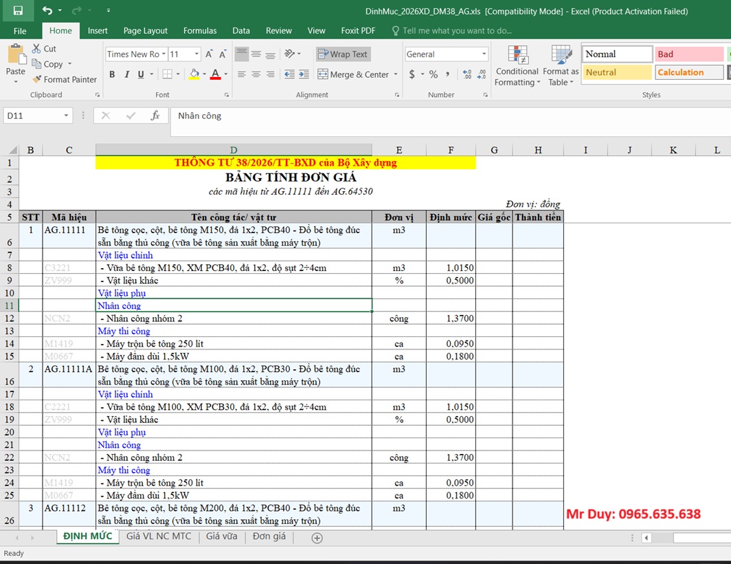 file Excel Định mức thông tư 38/2026/TT-BXD